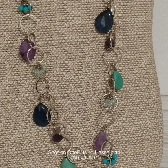 LOFT Silver Tone Link Blue Mix Beads Necklace 26" - Picture 3 of 9